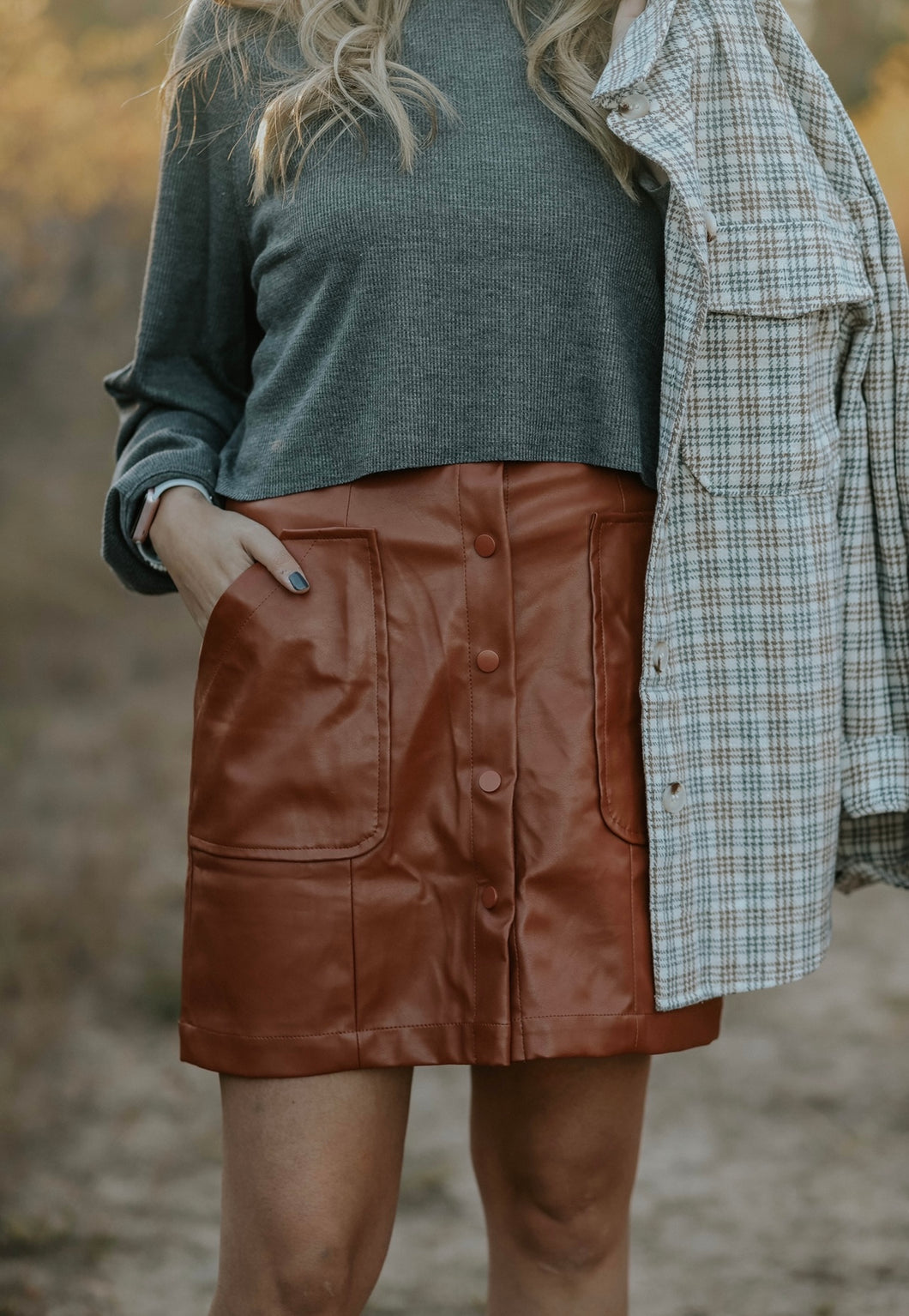 Button Down Faux Leather Skirt